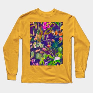 Cool tropical floral leaves botanical illustration, tropical plants,leaves and flowers, purple navy leaves pattern Long Sleeve T-Shirt